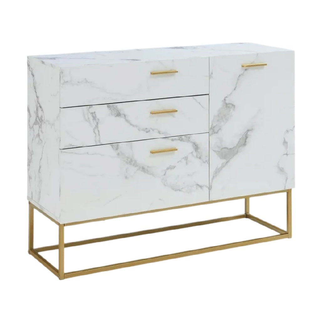 **Buffet en marbre blanc avec pieds en métal doré et tiroirs**