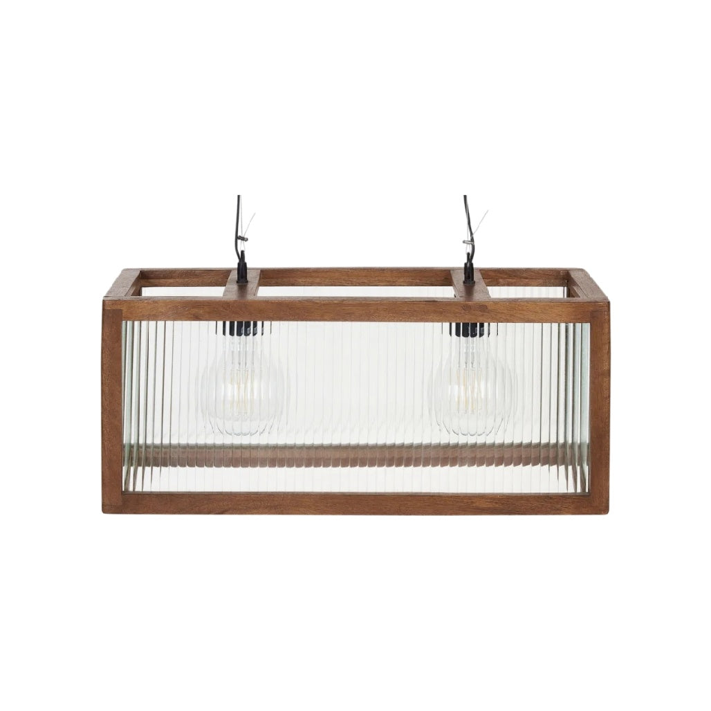 **Titre technique : Suspension en bois et verre transparent avec deux ampoules**