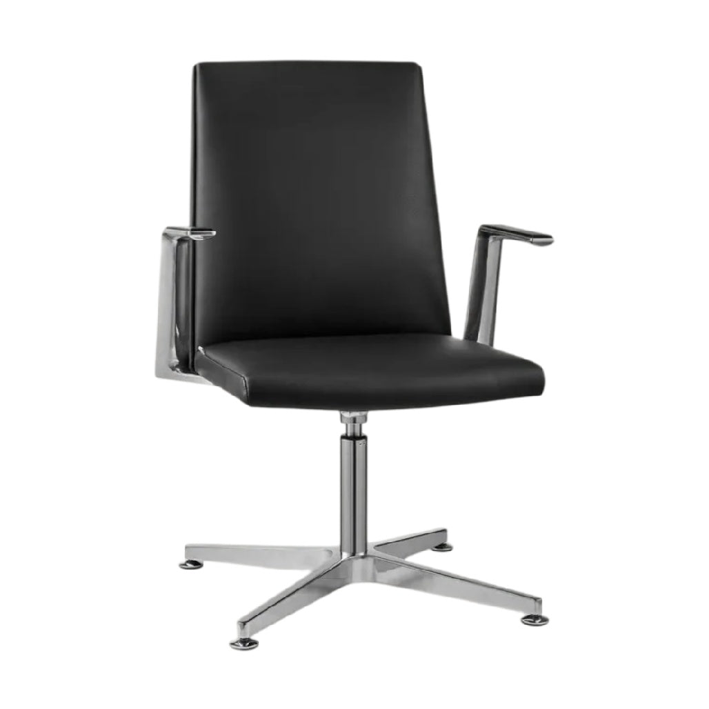 **Chaise de bureau ergonomique en cuir noir avec accoudoirs en métal chromé**